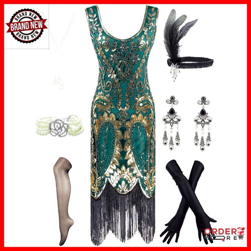Sequined Flapper Cocktail Dress with Accessories Set Size S-XXL